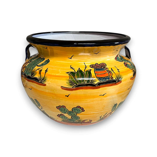 XL Talavera Flower Pot | Hand-Painted Desert Design Planter - oversized hand-painted yellow Talavera planter with cacti, agave and clay jug motif