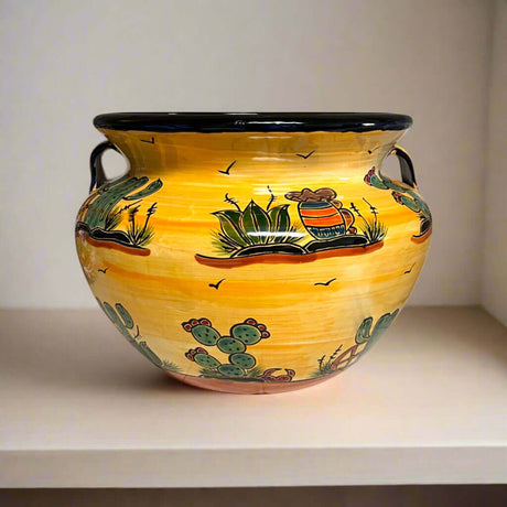 XL Talavera Flower Pot | Hand-Painted Desert Design Planter displaying bright yellow hand-painted cacti, agave, clay jug motifs, two side handles