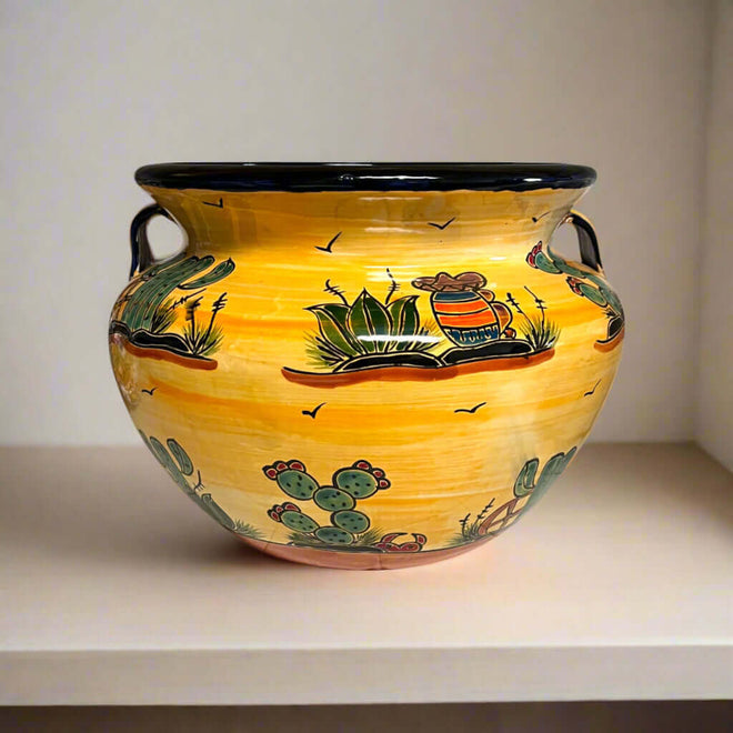 XL Talavera Flower Pot | Hand-Painted Desert Design Planter displaying bright yellow hand-painted cacti, agave, clay jug motifs, two side handles