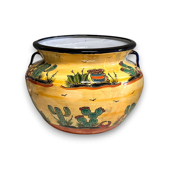 XL Talavera Flower Pot | Hand-Painted Desert Design Planter - oversized hand-painted yellow Talavera planter with cacti, agave and clay jugs