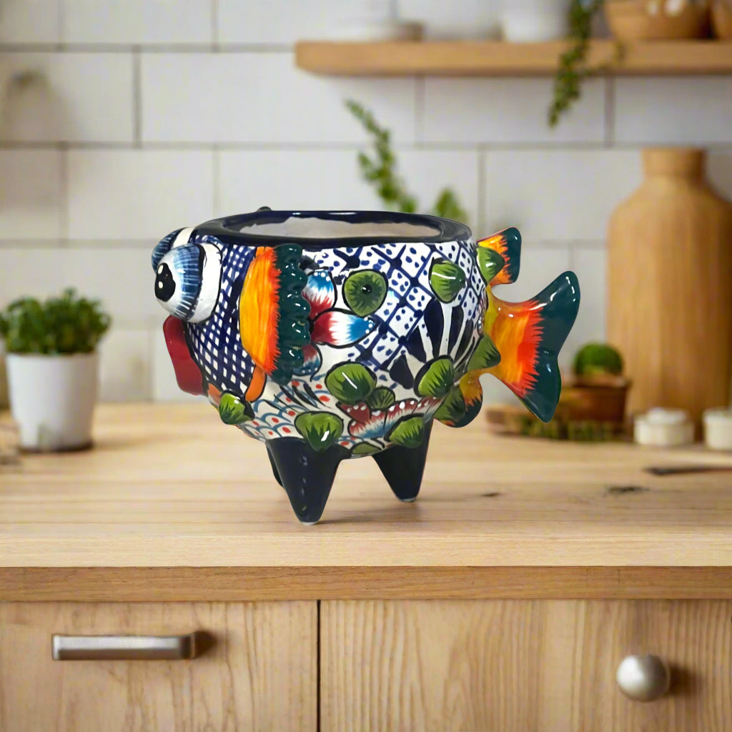 Talavera Puffer Fish Planter | Colorful Mexican Ceramic Pot