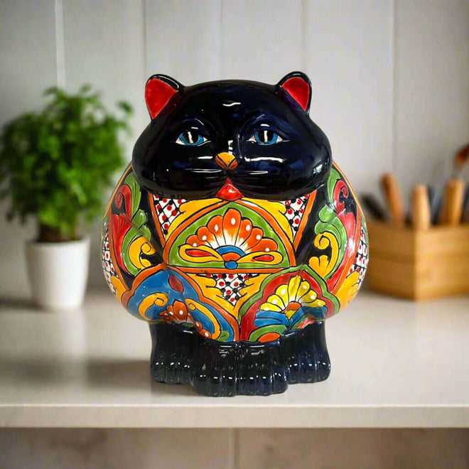 Fat Cat Talavera Planter | Handmade Mexican Pottery - hand-painted chubby black cat planter with colorful Talavera floral patterns