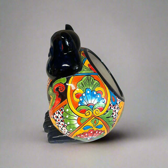 Fat Cat Talavera Planter | Handmade Mexican Pottery - hand-painted colorful chubby cat planter from Guanajuato, lead-free glazed