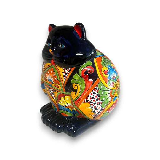 Fat Cat Talavera Planter | Handmade Mexican Pottery - hand-painted chubby cat planter with colorful traditional Talavera patterns