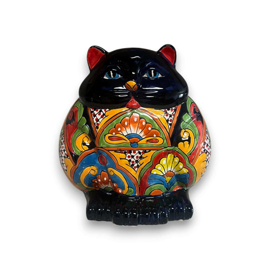 Fat Cat Talavera Planter | Handmade Mexican Pottery - hand-painted chubby cat planter in vibrant traditional Mexican Talavera colors