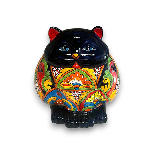 Fat Cat Talavera Planter | Handmade Mexican Pottery - hand-painted black chubby cat planter with vibrant Talavera floral patterns