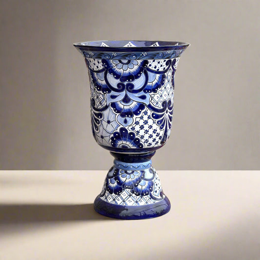 XL Talavera Planter | Hand-Painted Blue Pedestal Flower Pot