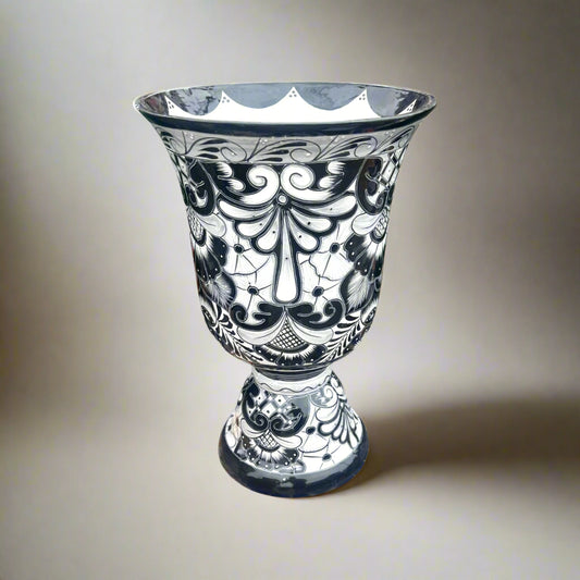 XL Black Talavera Planter | Hand-Painted Pedestal Flower Pot