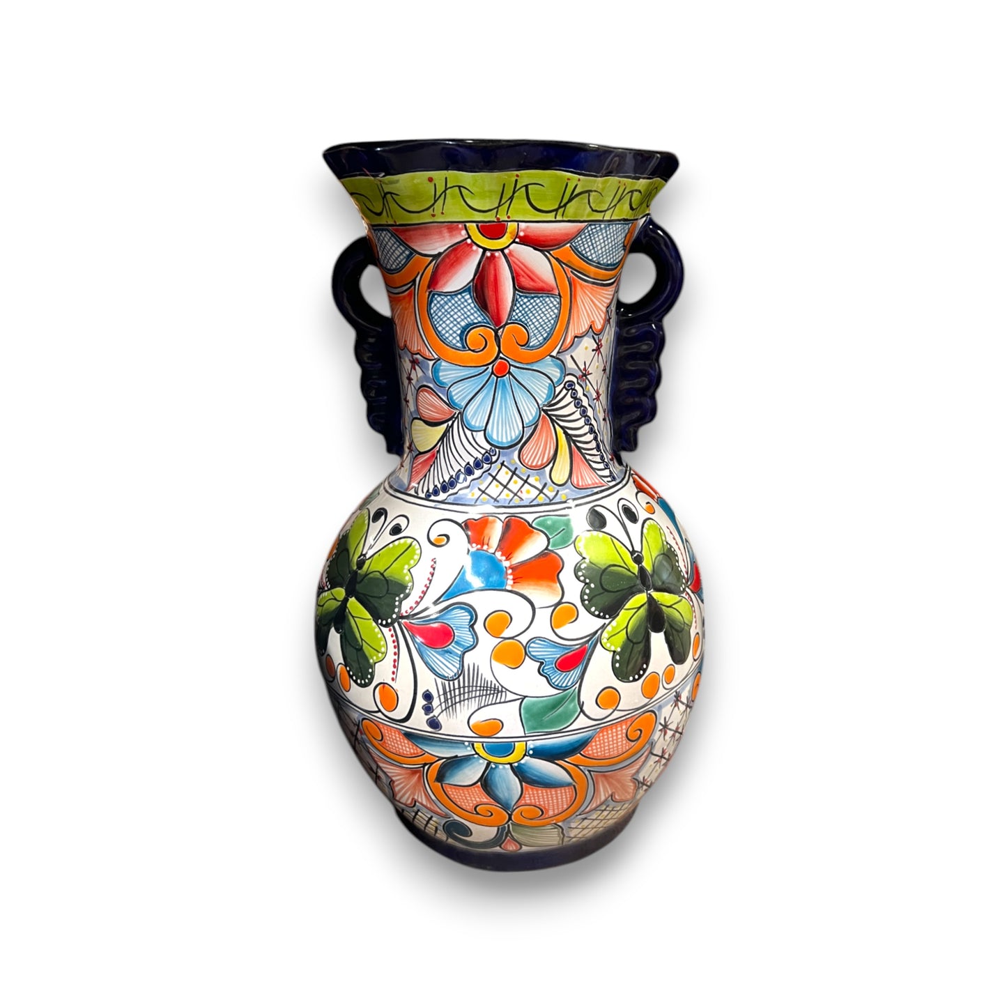Tall Talavera Vase | Blue Rim Mexican Pottery
