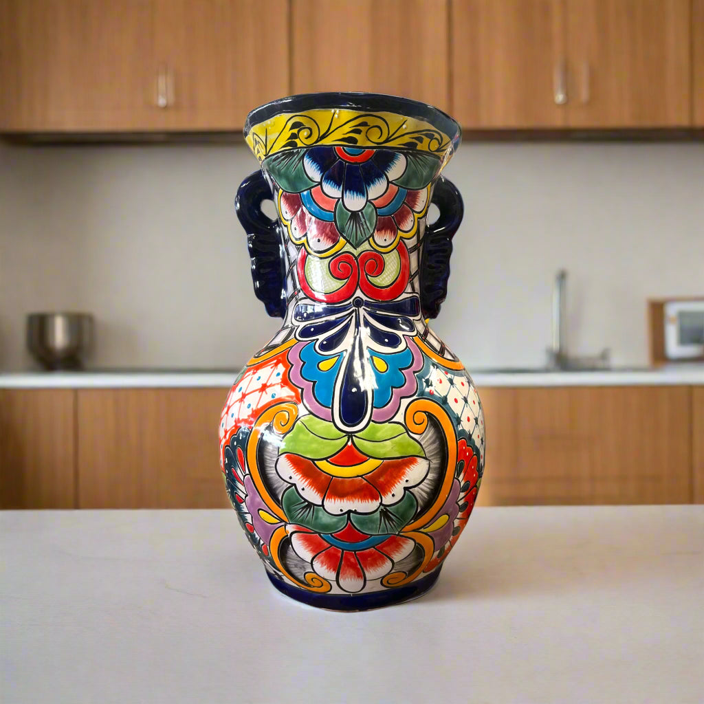Tall Talavera Vase | Blue Rim Mexican Pottery
