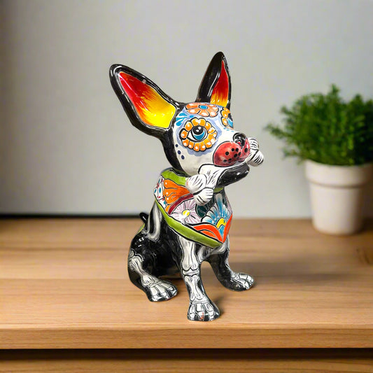 Talavera Chihuahua Holding Bone | Day of the Dead Dog Figurine
