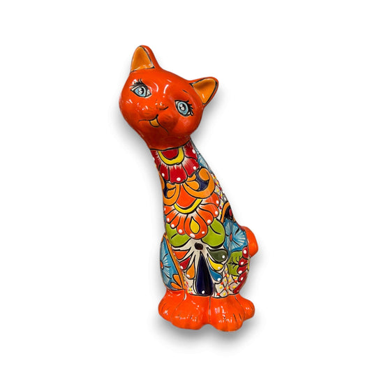 Talavera Curious Cat Statue | Handcrafted Mexican Folk Art Cat Figurine - hand-painted orange Talavera cat figurine with colorful floral pattern