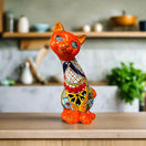 Talavera Curious Cat Statue | Handcrafted Mexican Folk Art Cat Figurine - hand-painted orange Talavera cat statue with colorful floral pattern