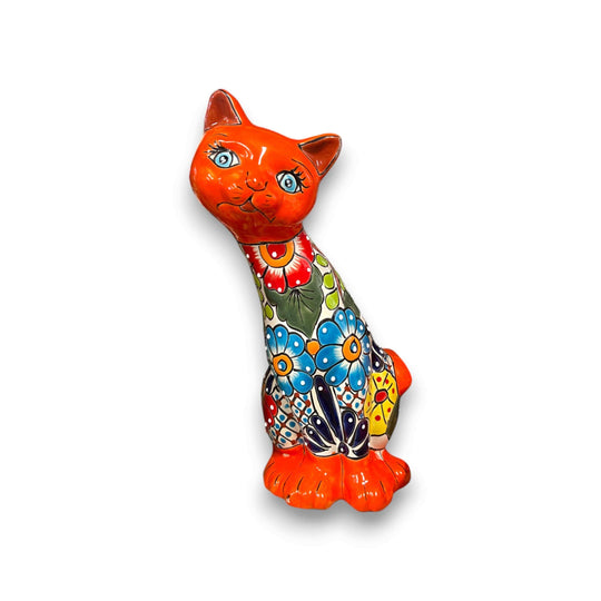Talavera Curious Cat Statue | Handcrafted Mexican Folk Art Cat Figurine - hand-painted orange Talavera cat with floral pattern, curious head tilt