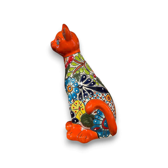 Talavera Curious Cat Statue | Handcrafted Mexican Folk Art Cat Figurine - hand-painted orange Talavera cat sitting with floral patterns, kiln-fired lead-free glaze