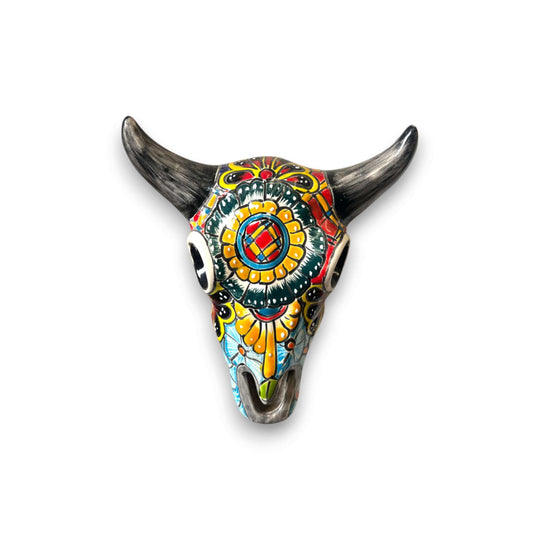 Talavera Bull Skull Wall Decor | Handmade Mexican Longhorn Art - hand-painted floral Talavera ceramic skull, colorful kiln-fired wall decor