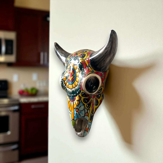Talavera Bull Skull Wall Decor | Handmade Mexican Longhorn Art - hand-painted colorful ceramic skull with floral Talavera design