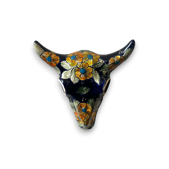 Talavera Bull Skull Wall Decor | Handmade Mexican Longhorn Art hand-painted navy ceramic skull with yellow floral details, ready to hang