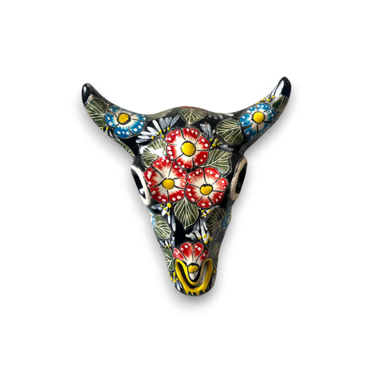 Talavera Bull Skull Wall Decor | Handmade Mexican Longhorn Art - hand-painted floral ceramic skull with black background