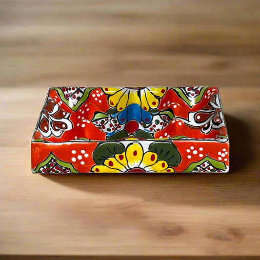 Talavera Ceramic Egg Holder | Hand-Painted Mexican Kitchenware - hand-painted red floral butterfly design, kiln-fired lead-free glaze, Guanajuato workshop