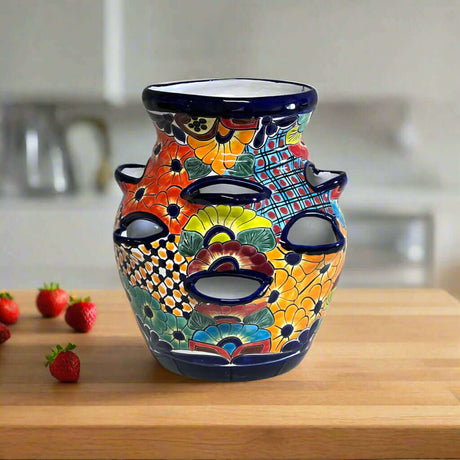 Talavera Strawberry Planter Pot | Hand-Painted Mexican Ceramic — vibrant hand-painted Talavera strawberry planter with floral geometric pattern