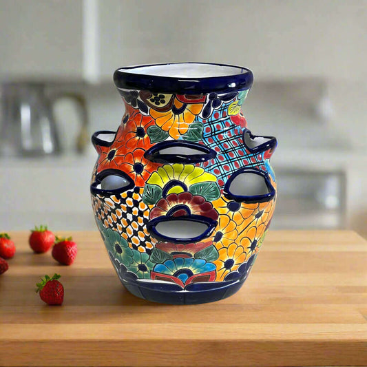 Talavera Strawberry Planter Pot | Hand-Painted Mexican Ceramic — vibrant hand-painted Talavera strawberry planter with floral geometric pattern