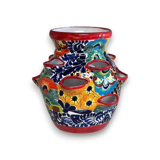 Talavera Strawberry Planter Pot | Hand-Painted Mexican Ceramic — hand-painted multi-hose strawberry planter with vivid Talavera floral and geometric design