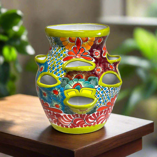 Talavera Strawberry Planter Pot | Hand-Painted Mexican Ceramic - colorful hand-painted Talavera strawberry planter with floral geometric design