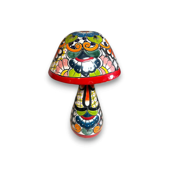 Talavera Mushroom Statue Set | Hand-Painted Mexican Garden Decor - hand-painted multicolor Talavera mushroom statue with floral swirls, lime-green accents