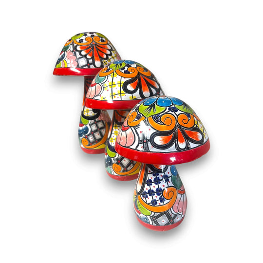 Talavera Mushroom Statue Set | Hand-Painted Mexican Garden Decor - three colorful hand-painted Talavera ceramic mushrooms
