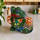 Talavera Frog Planter | Colorful Handmade Mexican Pottery hand-painted green frog-shaped ceramic planter with bold floral Talavera patterns
