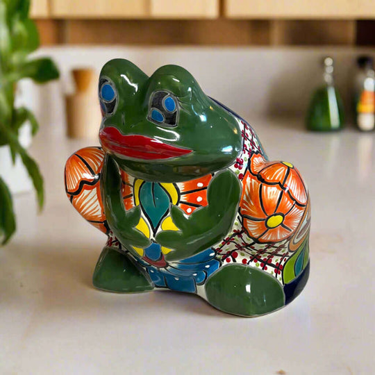 Talavera Frog Planter | Colorful Handmade Mexican Pottery hand-painted green frog-shaped ceramic planter with bold floral Talavera patterns