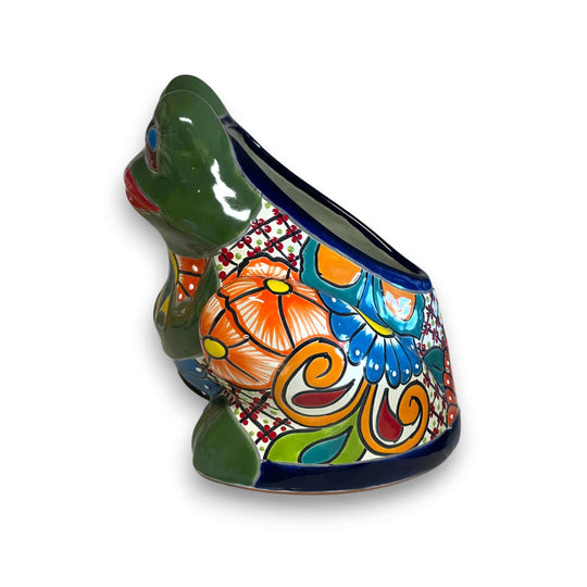Talavera Frog Planter | Colorful Handmade Mexican Pottery - hand-painted frog-shaped Talavera ceramic planter with bold florals and vivid greens