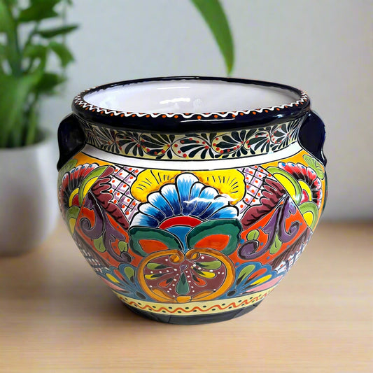 Talavera Cobalt Rim Planter | Handmade Colorful Mexican Flower Pot