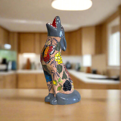 Talavera Howling Coyote Statue | Handmade Mexican Desert Animal Decor - hand-painted terracotta & gray ceramic coyote with floral Talavera motifs