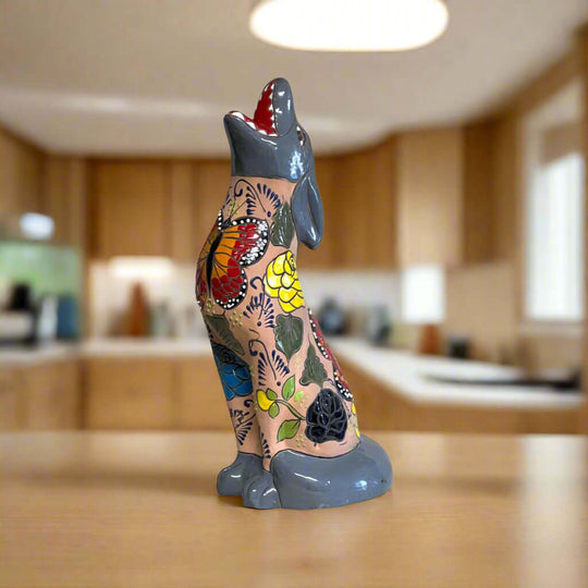 Talavera Howling Coyote Statue | Handmade Mexican Desert Animal Decor - hand-painted terracotta & gray ceramic coyote with floral Talavera motifs