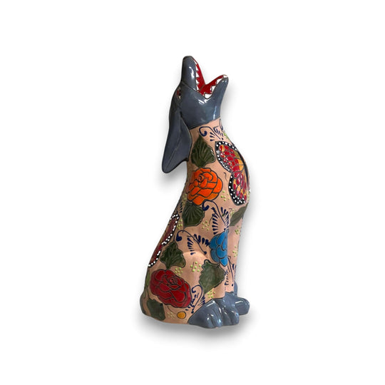 Talavera Howling Coyote Statue | Handmade Mexican Desert Animal Decor - hand-painted glazed coyote with floral Talavera pattern
