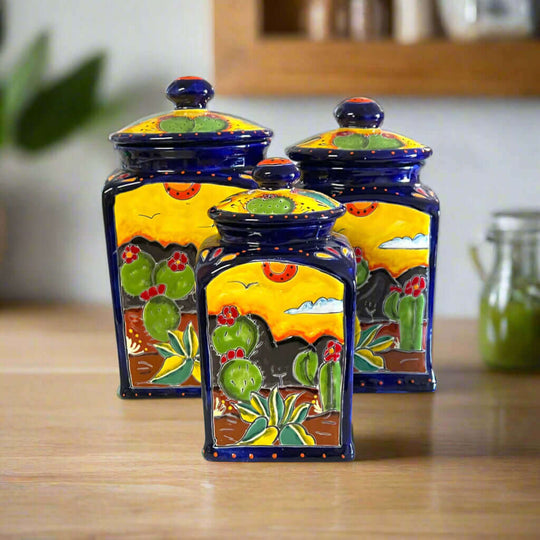 Handmade Desert Canister Set | Colorful Mexican Talavera Pottery – hand-painted cactus desert canisters, lead-free glazed storage jars for kitchen