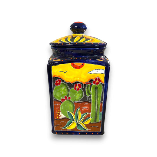 Handmade Desert Canister Set | Colorful Mexican Talavera Pottery - hand-painted desert scene storage jar