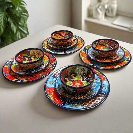 12-Piece Talavera Dinnerware Set | Handmade Mexican Ceramic Plates & Bowls - vibrant hand-painted Talavera place settings for 4, floral geometric patterns