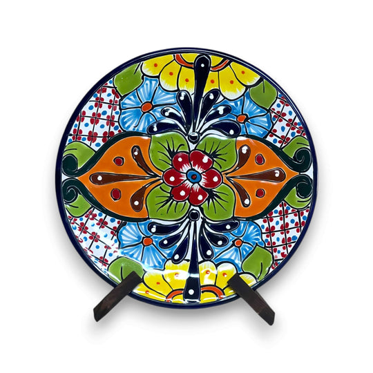 11.5" Talavera Dinner Plate | Hand-Painted Mexican Folk Art Dish - hand-painted bold floral Talavera plate with cobalt rim