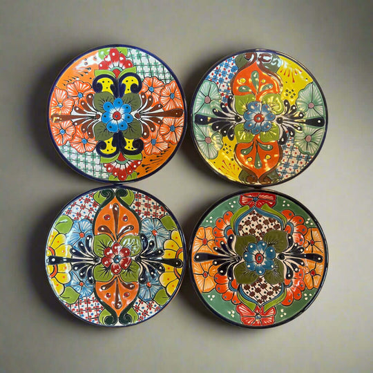 11.5" Talavera Dinner Plate | Hand-Painted Mexican Folk Art Dish - four colorful hand-painted round plates with bold floral motifs and cobalt rims