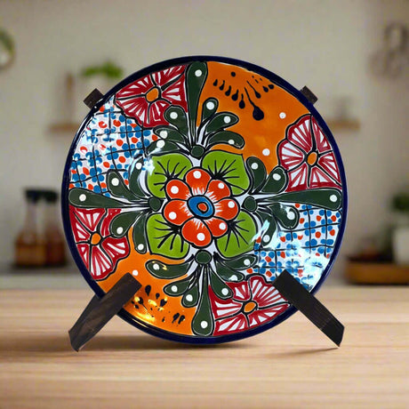 8" Talavera Dinner Plate | Hand-Painted Mexican Folk Art Dish - hand-painted orange, green & cobalt floral ceramic plate on wooden stand