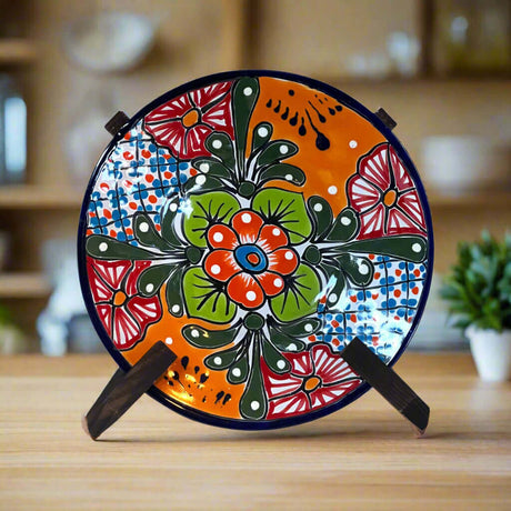 10" Talavera Dinner Plate | Mexican Handmade Dinnerware - hand-painted bold floral design with deep blue border, red green orange accents
