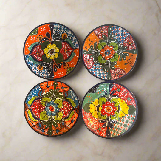 10" Talavera Dinner Plate | Mexican Handmade Dinnerware - set of four hand-painted bold floral plates with blue border and vibrant folk colors