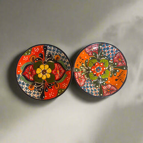 10" Talavera Dinner Plate | Mexican Handmade Dinnerware - pair of hand-painted bold floral plates with deep blue border and vibrant red, orange, green motifs