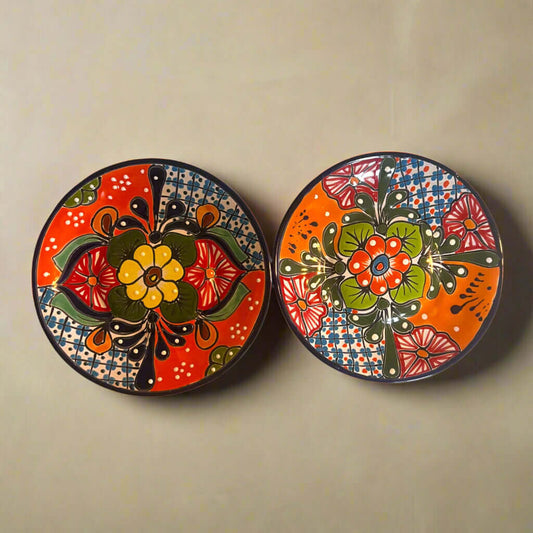 8" Talavera Dinner Plate | Hand-Painted Mexican Folk Art Dish showing vibrant orange, cobalt blue, green floral centerpiece on handcrafted Mexican plates