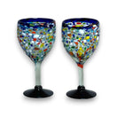 Hand Blown Mexican Wine Glasses | Blue Rim Confetti Design - pair of hand-blown lead-free glasses with cobalt blue rim and colorful confetti pattern