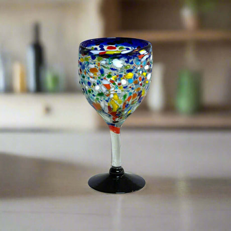 Hand Blown Mexican Wine Glasses | Blue Rim Confetti Design - hand-blown lead-free glass wine goblet with cobalt blue rim and multicolor confetti pattern
