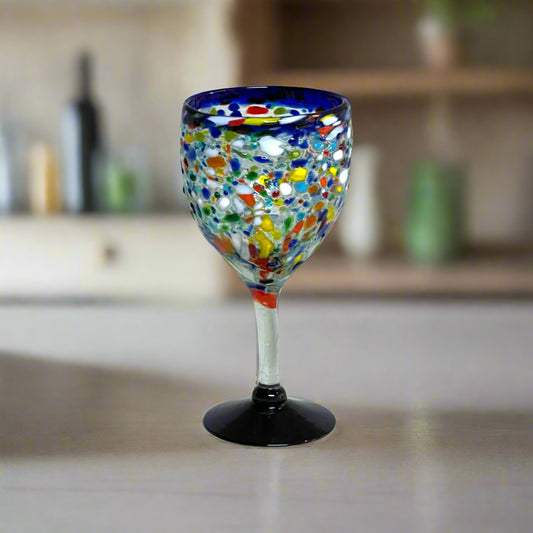 Hand Blown Mexican Wine Glasses | Blue Rim Confetti Design - hand-blown lead-free glass wine goblet with cobalt blue rim and multicolor confetti pattern